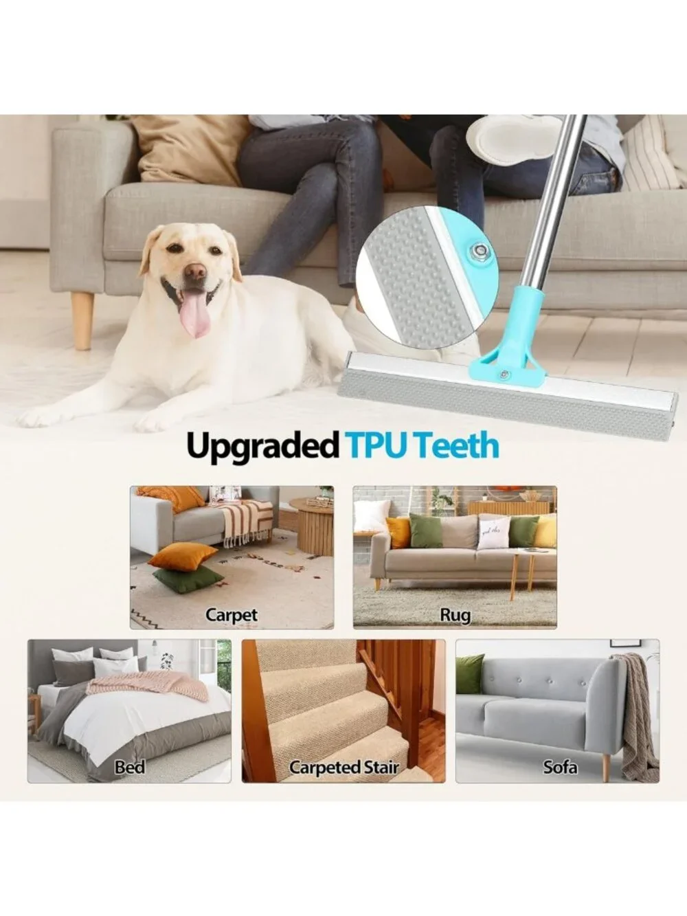 Pet Hair Removal Carpet Rake Tool, 2-in-1 Adjustable Long Handle, Reusable Fur